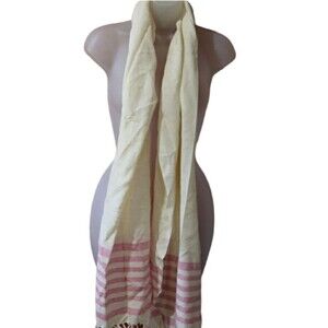 Scents & Feel 100% Handwoven Cotton Scarf Natural Pink Stripe Artisan Boho Wrap